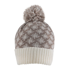 Women’s Jacquard Knitted Bobble Hat with Hash Symbol Pattern and Yarn Pom Pom