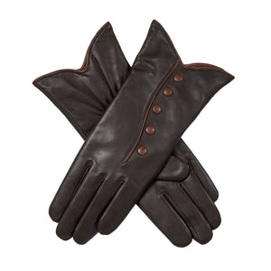 Women's wool-lined, hairsheep leather gloves with buttons and piping in brown/chocolate