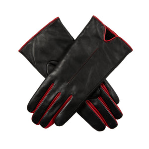 Women's acrylic lined, single point leather gloves with colour contrast details in black/red