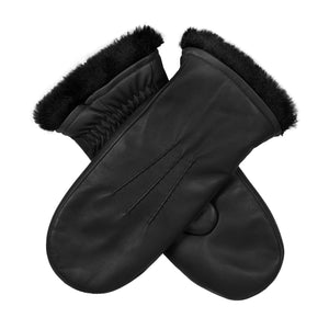 Women's faux fur-lined, three point leather mittens in black