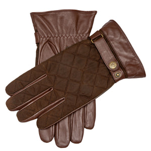 Men's Touchscreen Water-Resistant Lined Leather Gloves with Waxed Cotton Quilting in chestnut - criss cross