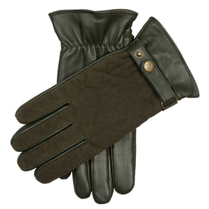 Men's Touchscreen Water-Resistant Lined Leather Gloves with Waxed Cotton Quilting in olive - criss cross
