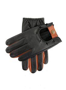 Men's The Suited Racer Two-Colour Leather Driving Gloves in black and tan
