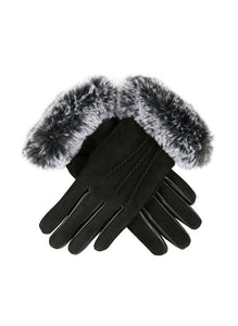 Women's water-resistant, faux fur-lined, three-point Nubuck leather gloves with faux fur cuffs in black