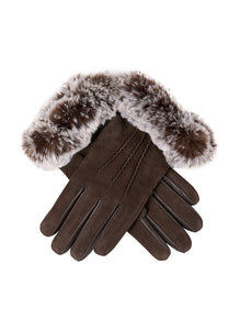 Women's water-resistant, faux fur-lined, three-point Nubuck leather gloves with faux fur cuffs in brown