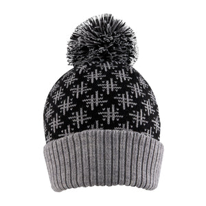 Women’s Jacquard Knitted Bobble Hat with Hash Symbol Pattern and Yarn Pom Pom