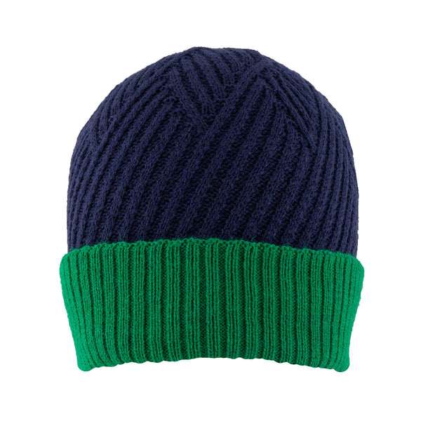 Women’s Patchwork Cable Knit Beanie Hat with Contrast Brim
