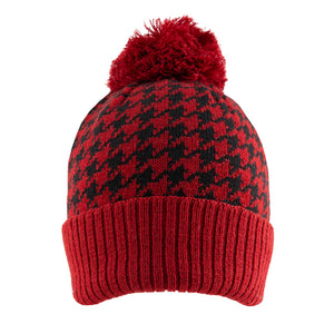 Women’s Jacquard Knitted Bobble Hat with Dogtooth Pattern and Yarn Pom Pom