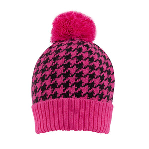 Women’s Jacquard Knitted Bobble Hat with Dogtooth Pattern and Yarn Pom Pom