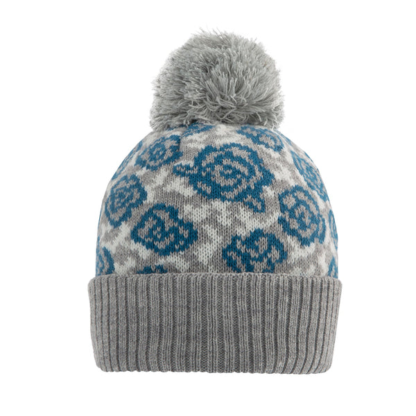 Women’s Jacquard Knitted Bobble Hat with Rose Pattern