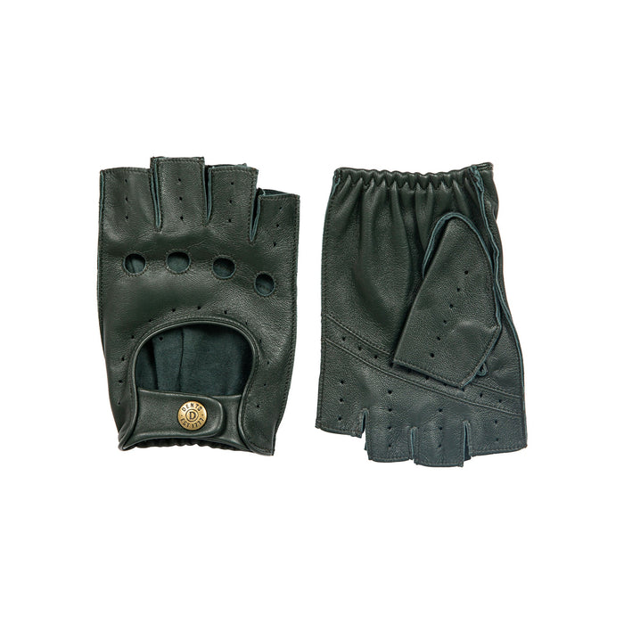 Men's Fingerless Leather Driving Gloves in Racing Green side by side
