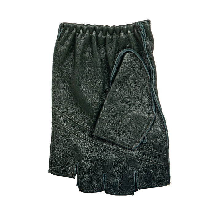 Men's Fingerless Leather Driving Gloves in Racing Green left