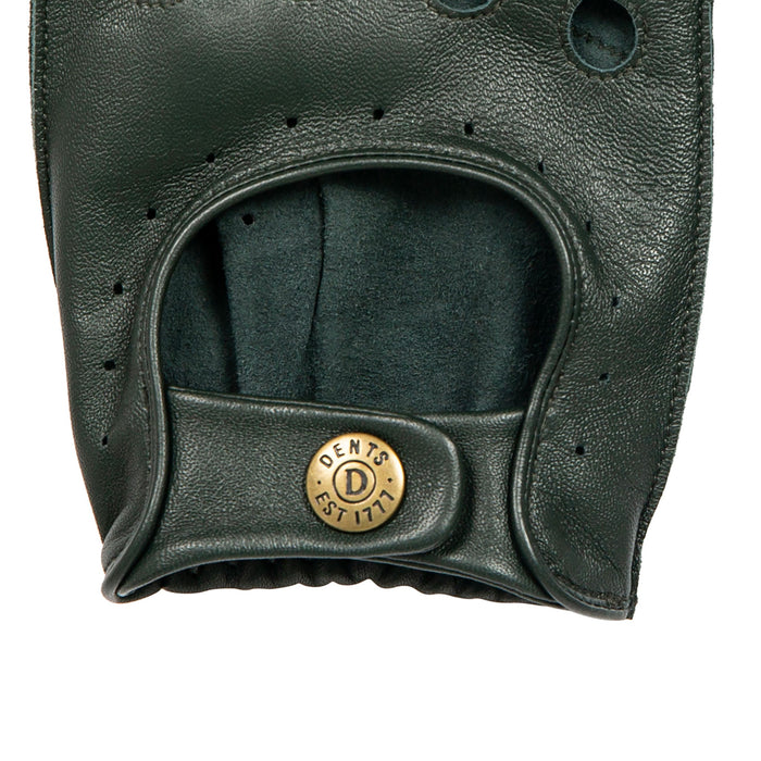 Men's Fingerless Leather Driving Gloves in Racing Green right cuff