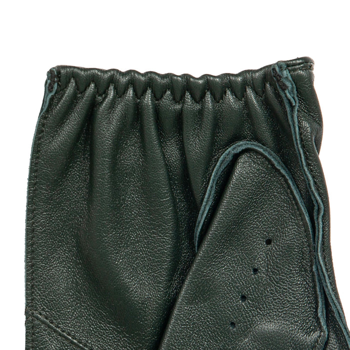Men's Fingerless Leather Driving Gloves in Racing Green left cuff