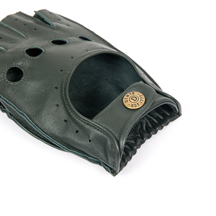 Men's Fingerless Leather Driving Gloves in Racing Green open cuff