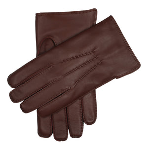 Men's Handsewn Three-Point Fur-Lined Leather Gloves in tan, crossed position. 