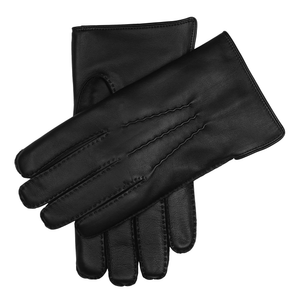 Men's Handsewn Three-Point Fur-Lined Leather Gloves in black with black lining. 