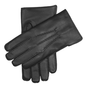 Men's Handsewn Three-Point Fur-Lined Leather Gloves in black, crossed position. 