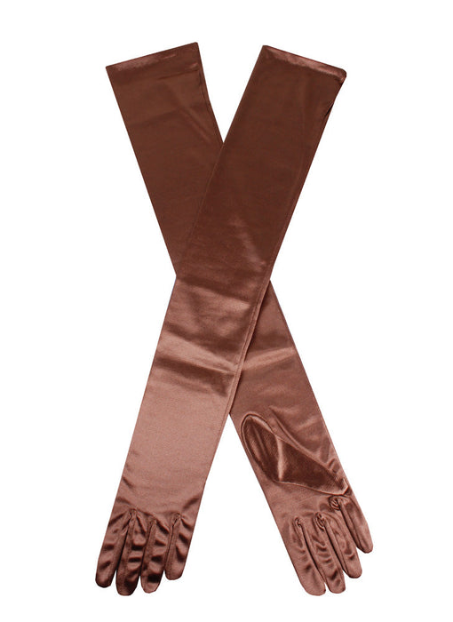 Women's long, opera-length satin gloves in Bronze