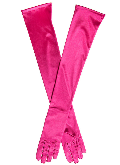 Women's long, opera-length satin gloves in Fuchsia pink