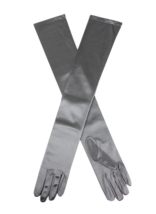 Women's long, opera-length satin gloves in Pewter grey