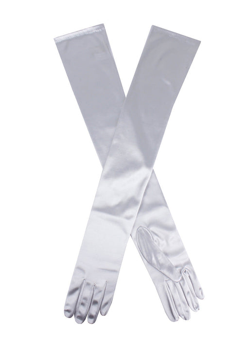 Women's long, opera-length satin gloves in Silver grey