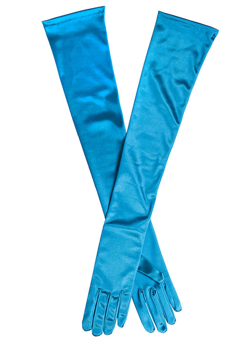Women's long, opera-length satin gloves in Teal blue