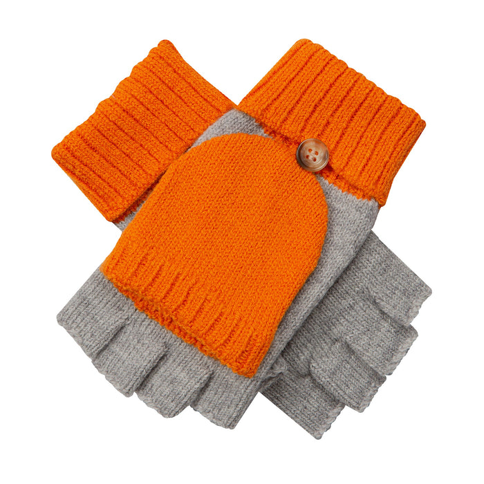 Women's two-tone knitted fingerless gloves with mitten flap in dove grey/orange