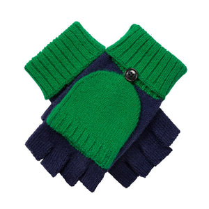 Women's two-tone knitted fingerless gloves with mitten flap in navy/emerald