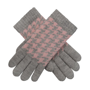 Women's jacquard knitted gloves with dogtooth pattern in grey and pale pink 
