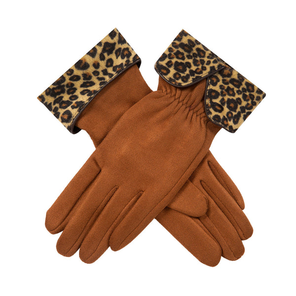 Women’s Touchscreen Velour-Lined Faux Suede Gloves with Faux Fur Leopard Print Cuffs