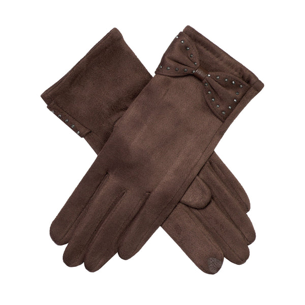Women’s Touchscreen Velour-Lined Faux Suede Gloves with Studded Bow