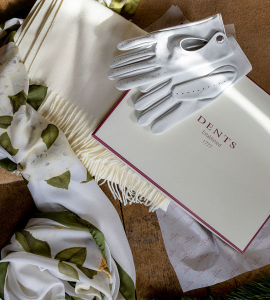 Gifts for her image with leather driving gloves and lightweight summer scarf with a gift box