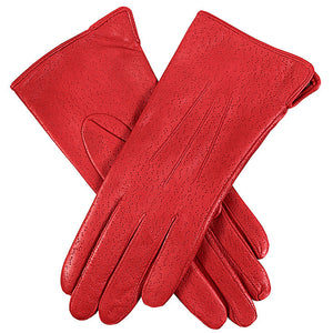 Women's acrylic lined, three-point imitation peccary leather gloves in red