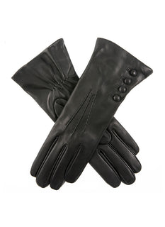 Women’s Touchscreen Three-Point Cashmere-Lined Leather Gloves with Buttons