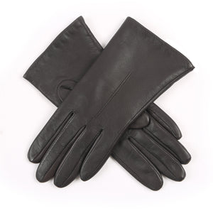 Women's fleece-lined, single point leather gloves in dark brown