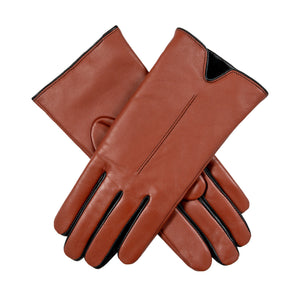 Women's acrylic lined, single point leather gloves with colour contrast details in brown/red
