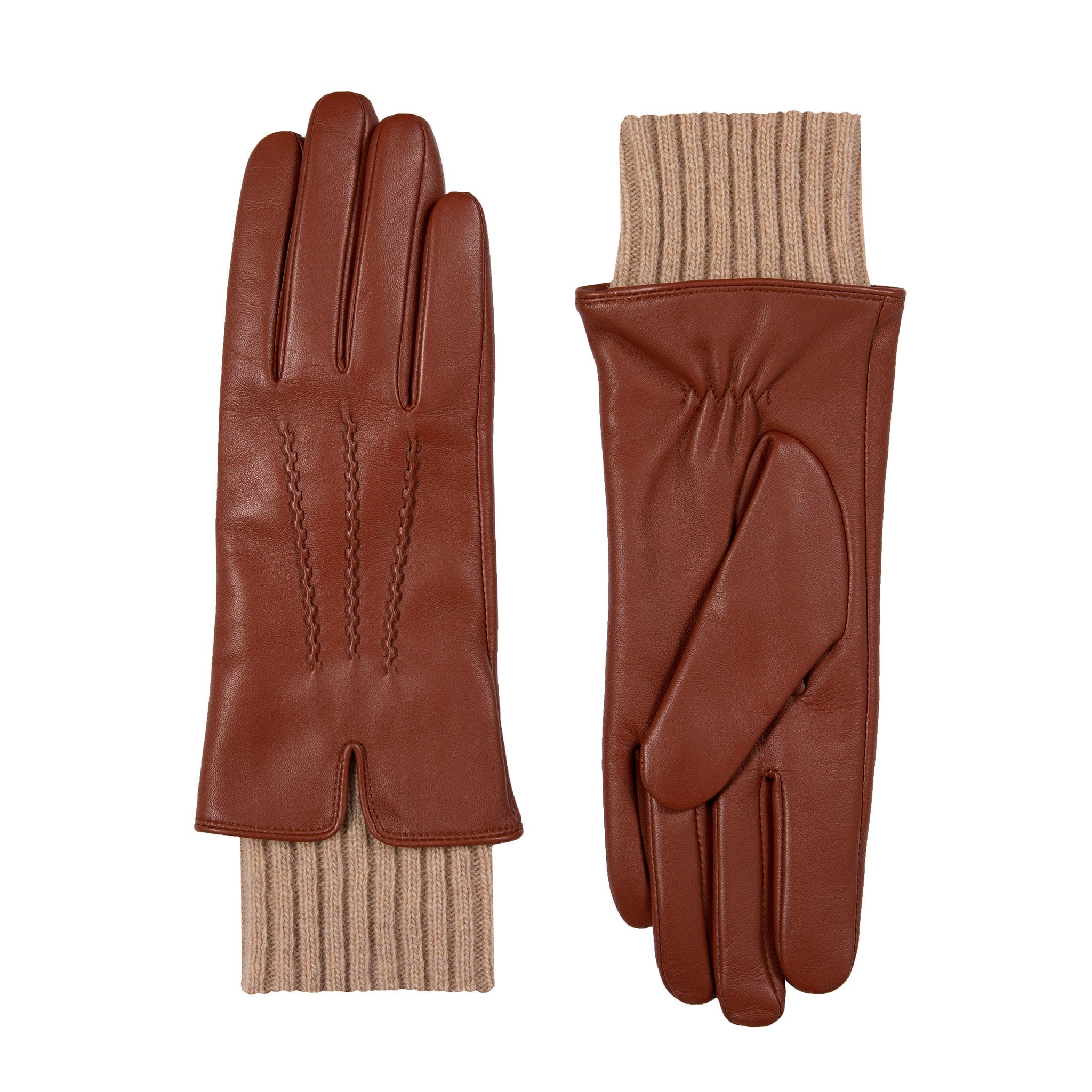 Frye Leather top Patch Long Knit Wool Gloves Logo Cognac Brown Tan Large / X Large