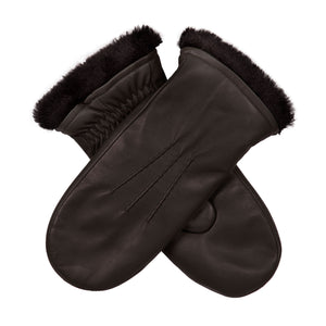 Women's faux fur-lined, three point leather mittens in dark brown