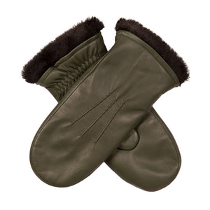 Women's faux fur-lined, three point leather mittens in green