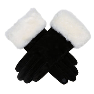 Women's faux suede gloves with white faux fur cuff in black