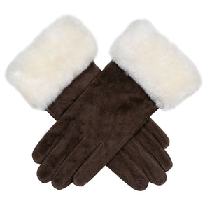 Women's faux suede gloves with white faux fur cuff in mocca - criss cross