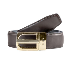 Men's reversible leather belt with gold and nickel buckle in brown/black, loop.