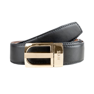 Men's reversible leather belt with gold and nickel buckle in black/tan, loop.
