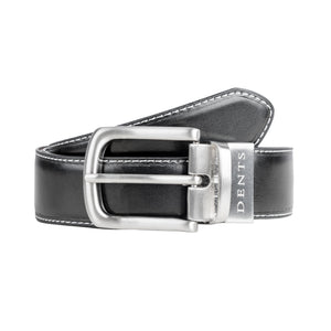 Men's reversible leather belt with brushed silver buckle and contrast stitching in black, loop.