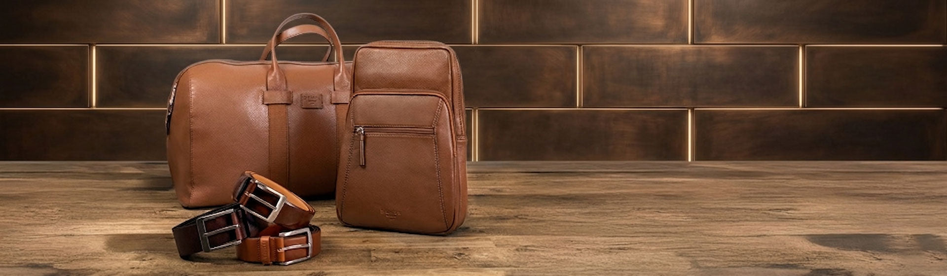 Mens leather bags and belts in brown colours on a wooden and stone background