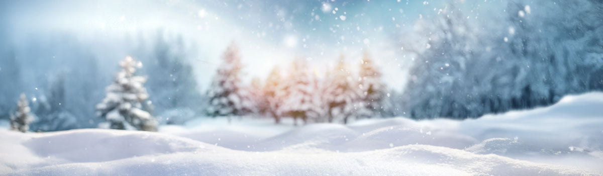 A snowy background with trees in the back
