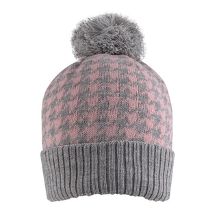 Women's knitted bobble hat with dogstooth pattern in dove grey/pink