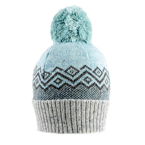 Women's Duck Egg and Dove Grey Jacquard Knitted Bobble Hat with Geometric Print