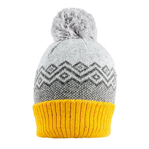 Women’s Jacquard Knitted Bobble Hat with Geometric Pattern in Grey with Ochre